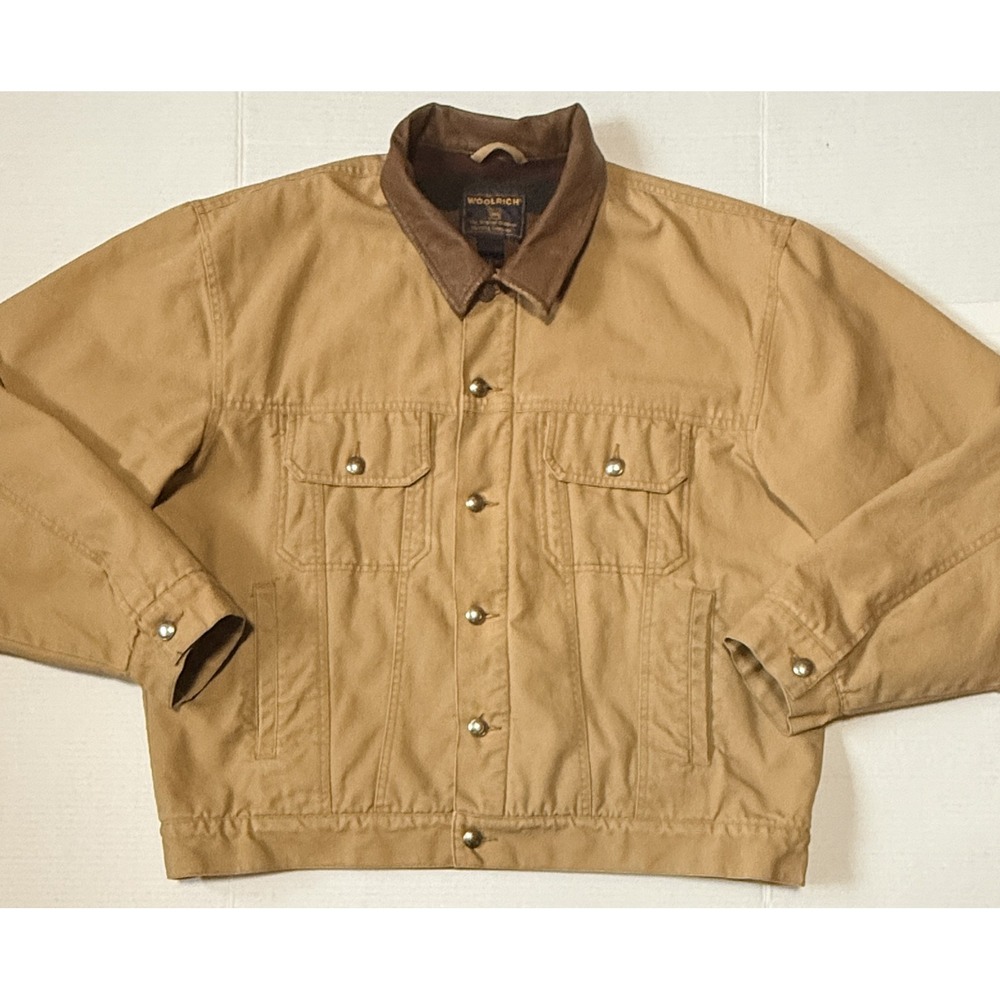 WOOLRICH - Men's Canvas Field Jacket - Leather Collar Blanket Lined - Size Large